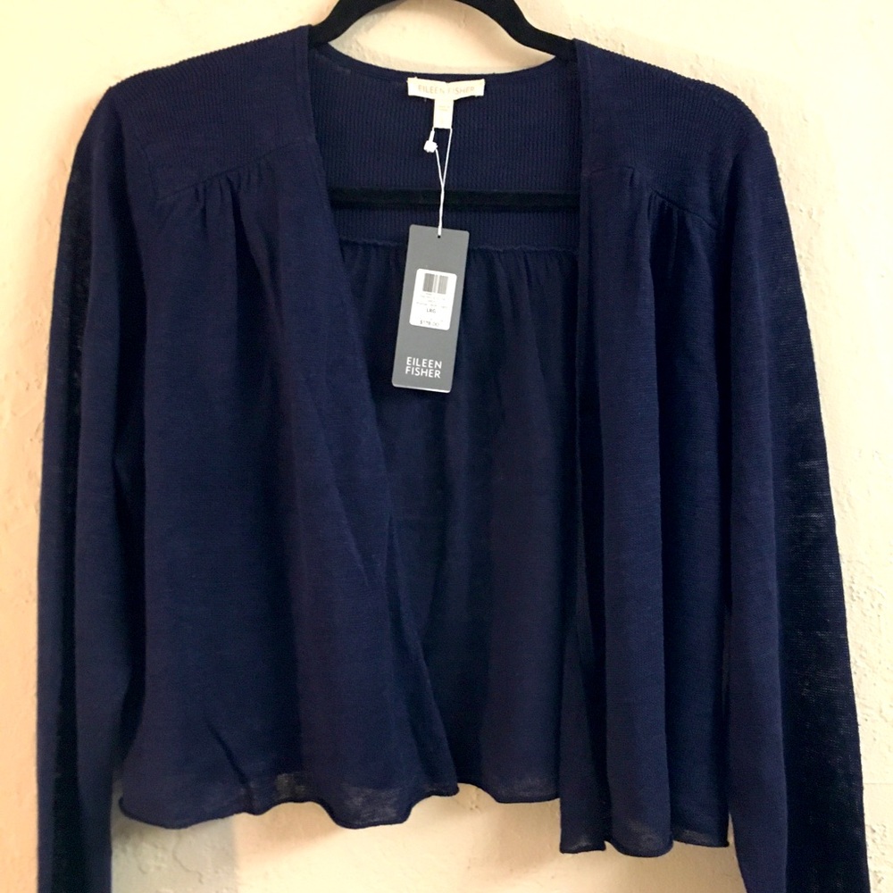 Eileen Fisher 100% Organic Linen Lightweight Cardigan Large Blue Open Front